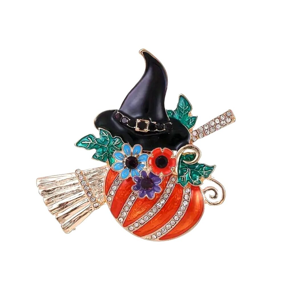 Super Cute Decorative Enamel and Rhinestone • Pumpkin Brooch